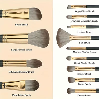 14-Piece Makeup Brush Set, Soft Nylon Bristles, Foundation Brush, Eyeshadow Brush Multi-Function Makeup Brush Travel Set