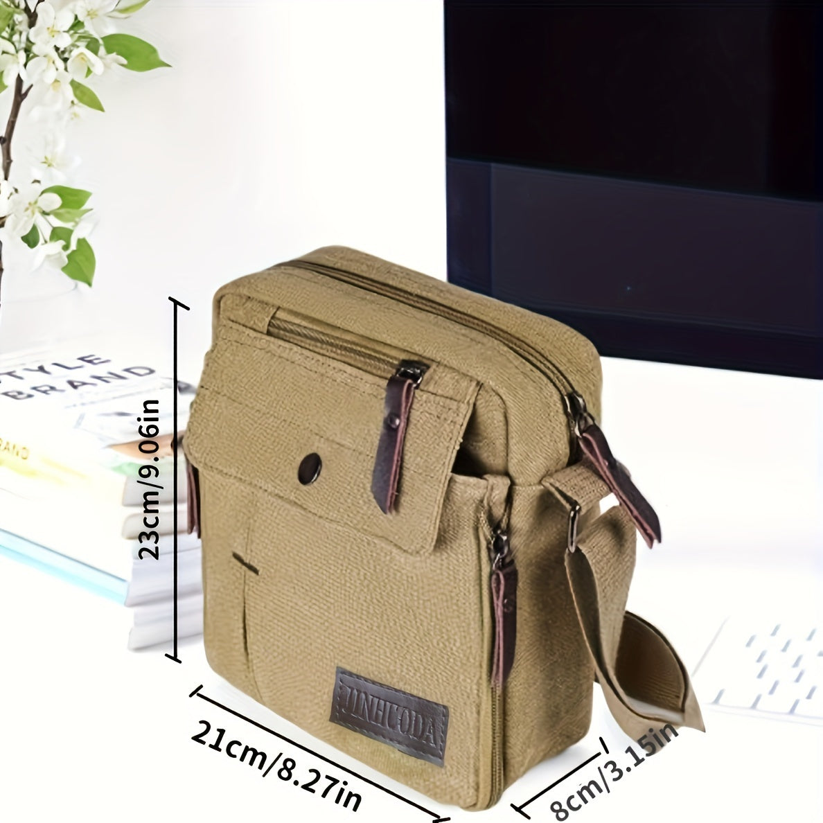 Vintage Canvas Square Messenger Bag - Spacious Zipper Closure, Durable Nylon Lining, Stylish Solid Pattern, Perfect for Casual Crossbody Travel and Daily Occasions Beauty Fashion