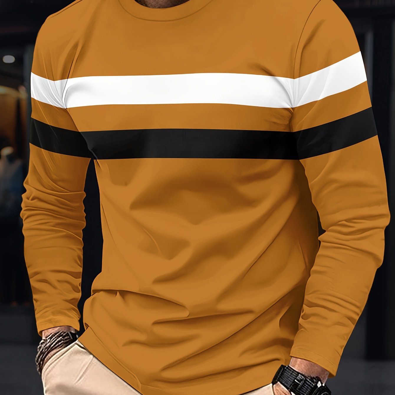 Men's Long Sleeve Crew Neck T-Shirt - Polyester Blend, Basic Solid Color with Color Block Detail, Slight Stretch Knit, Casual Sport Style, for Spring/Fall Beauty World Shop