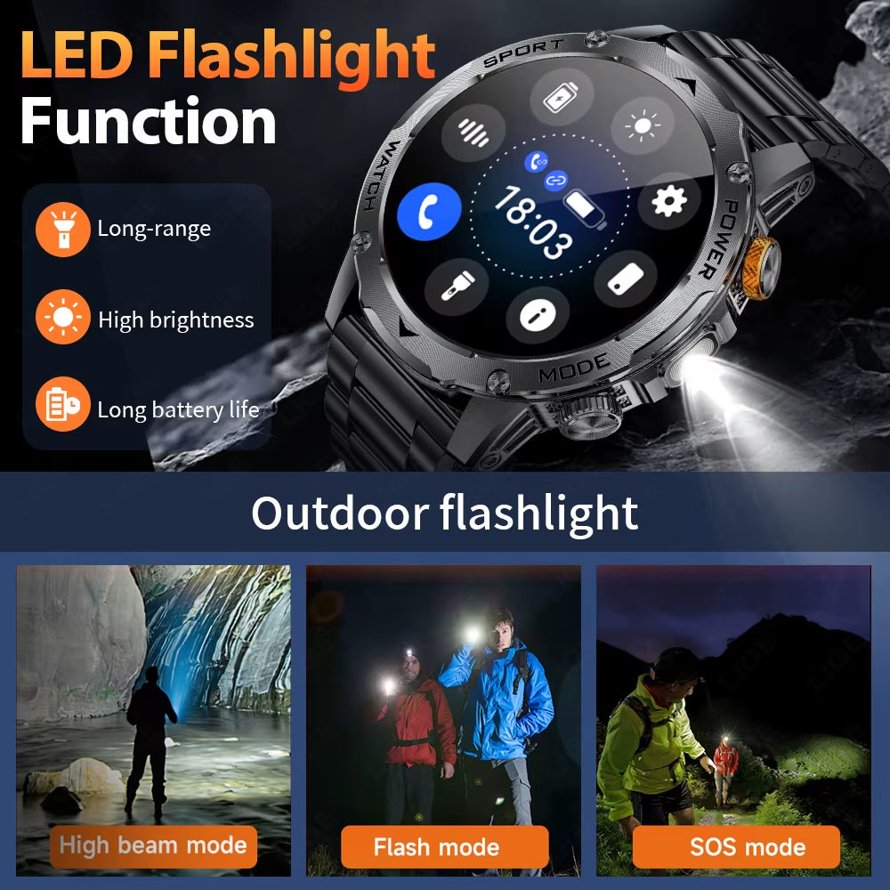 Military Smart Watch Men 1000Mah Battery Outdoors LED Flashlight Waterproof Heart Rate Sport BT Call 1.7" AMOLED Smartwatch