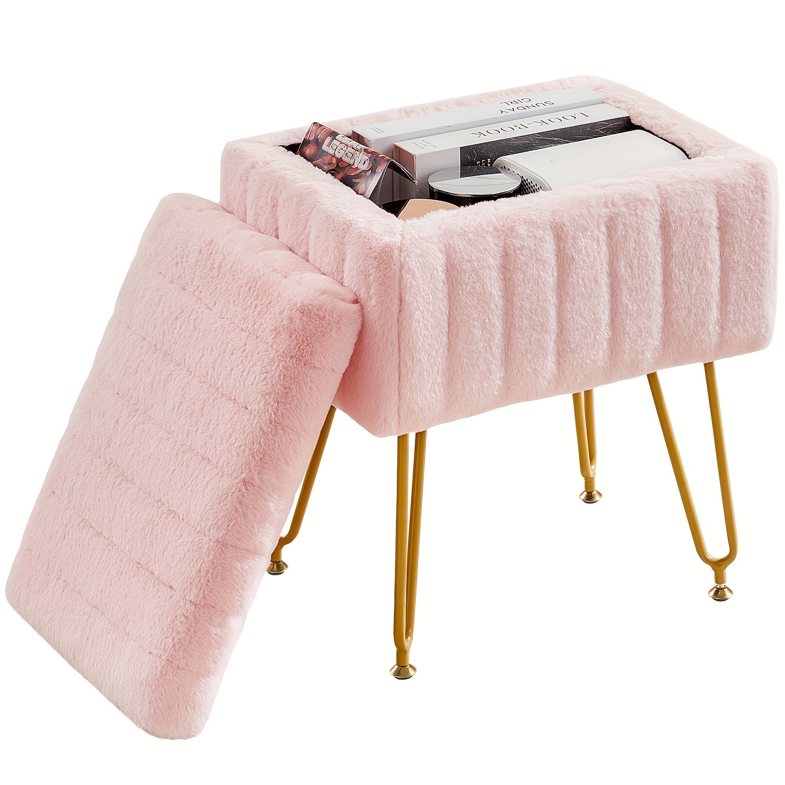 Vanity Storage Ottoman Chair, Makeup Vanity Chair With Metal Legs & Soft Faux Fur Surface, Flip Top Foot Rest With Soft Padded Seat For Bedroom Living Room Beauty World Shop