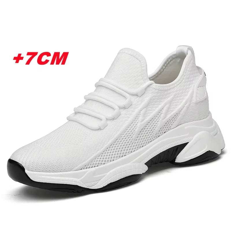 Summer Men Elevator Shoes Breathable Mesh Height Increase Sneakers Men Shoes Inner Length 7Cm Outdoor Leisure White Taller Shoes