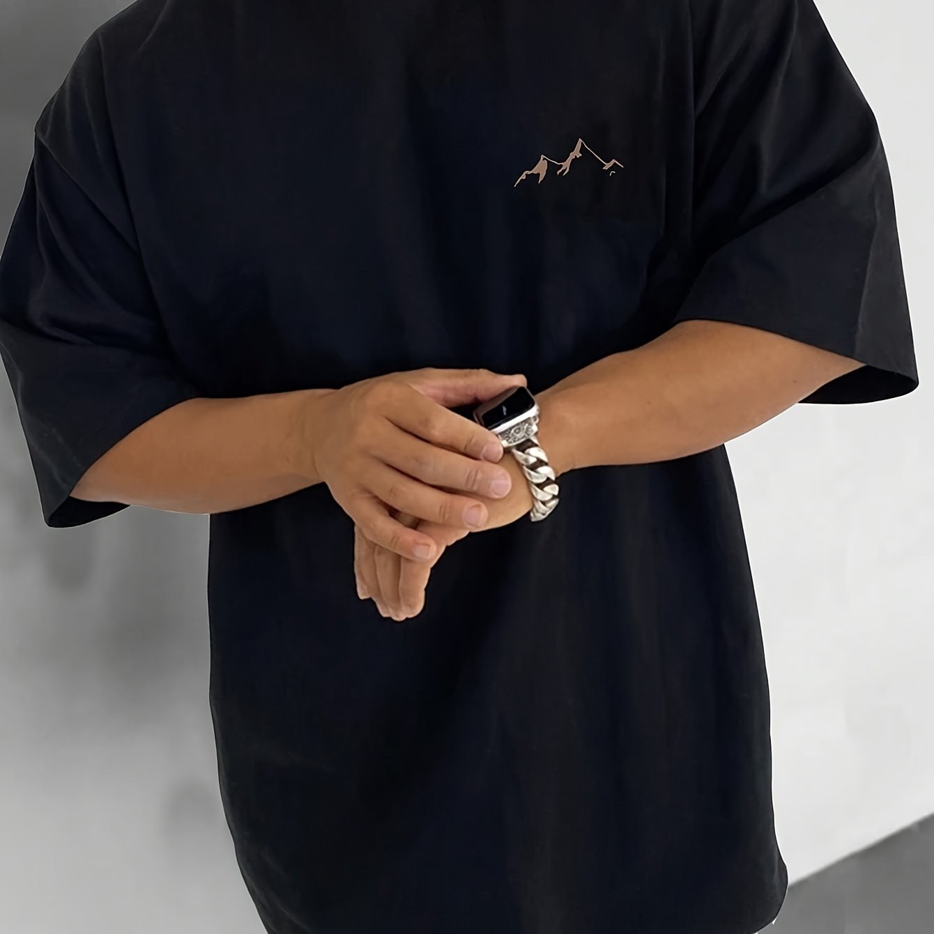 Plus Size Mens Mountains Print Short Sleeve T-Shirt - High Stretch, Crew Neck, Casual Fashion Tee for Outdoor Sport and Leisure - Machine Washable, Polyester Knit Fabric, Summer Essential for Big and Tall Guys