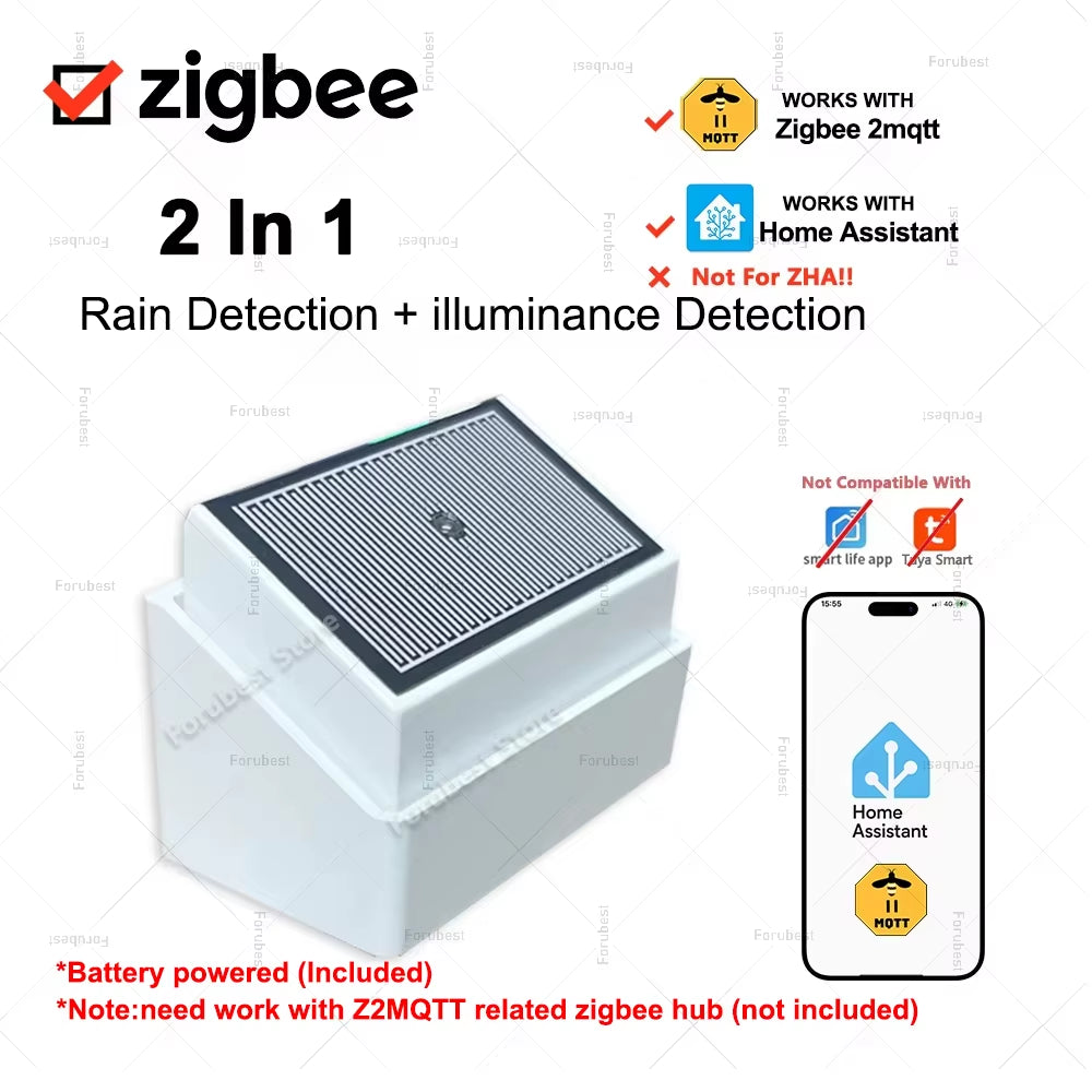 2 in 1 Zigbee Rain Sensor,Rainfall and Illuminance Detection Real-Time Monitoring Rainwater Detector Only for Home Assistant Z2M