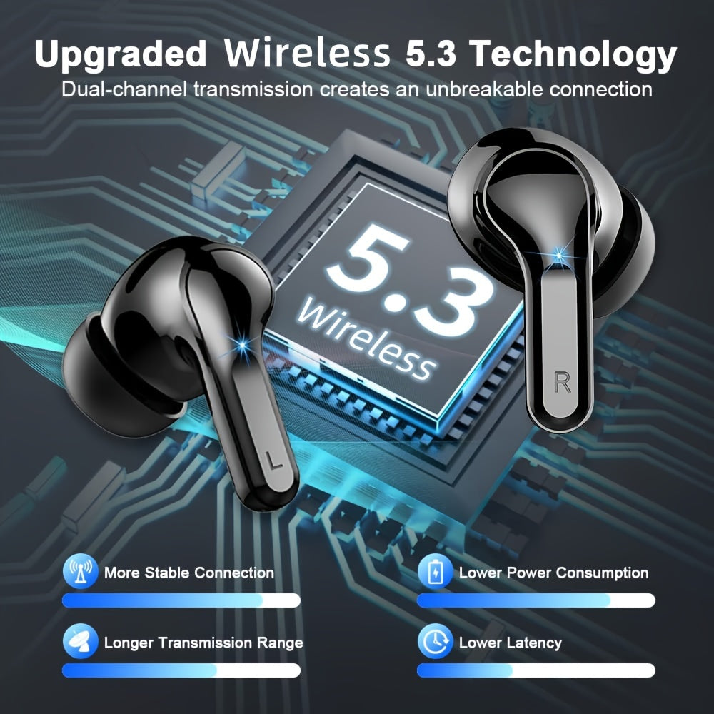 [40H Wireless Earbud] 40H Wireless Earbud, 5.3 Stereo Bass Earphones | Dual Mic Call, USB-C LED Display, Sport Headset