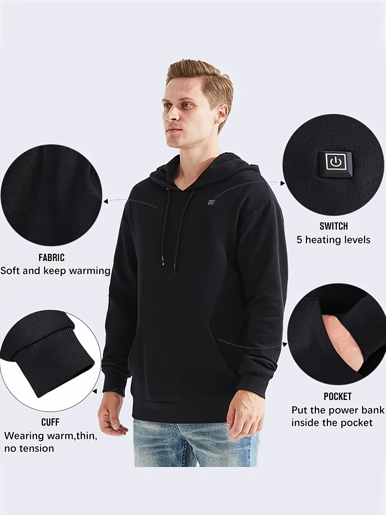5 Heating Zones Heated Hooded Sweatshirt For Men – Autumn/Winter Outdoor Sport Pullover With Kangaroo Pocket – Battery Pack Not Included Beauty World Shop