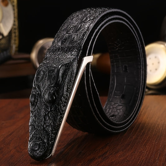 1pc Crocodile Head Belt Men's Leather Cowhide Crocodile Pattern Belt Casual Personality New Smooth Buckle Trouser Belt For Social Youth, Ideal choice for Gifts Beauty Fashion