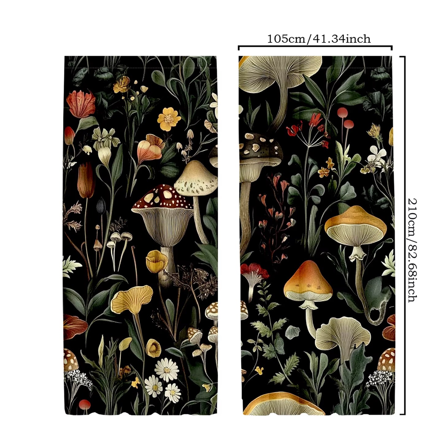 2Pcs Classic Polyester Mushroom and Moth Curtains, Retro Forest Pattern Drapes for Bedroom, 52X84 Inches, Nature-Inspired Home D