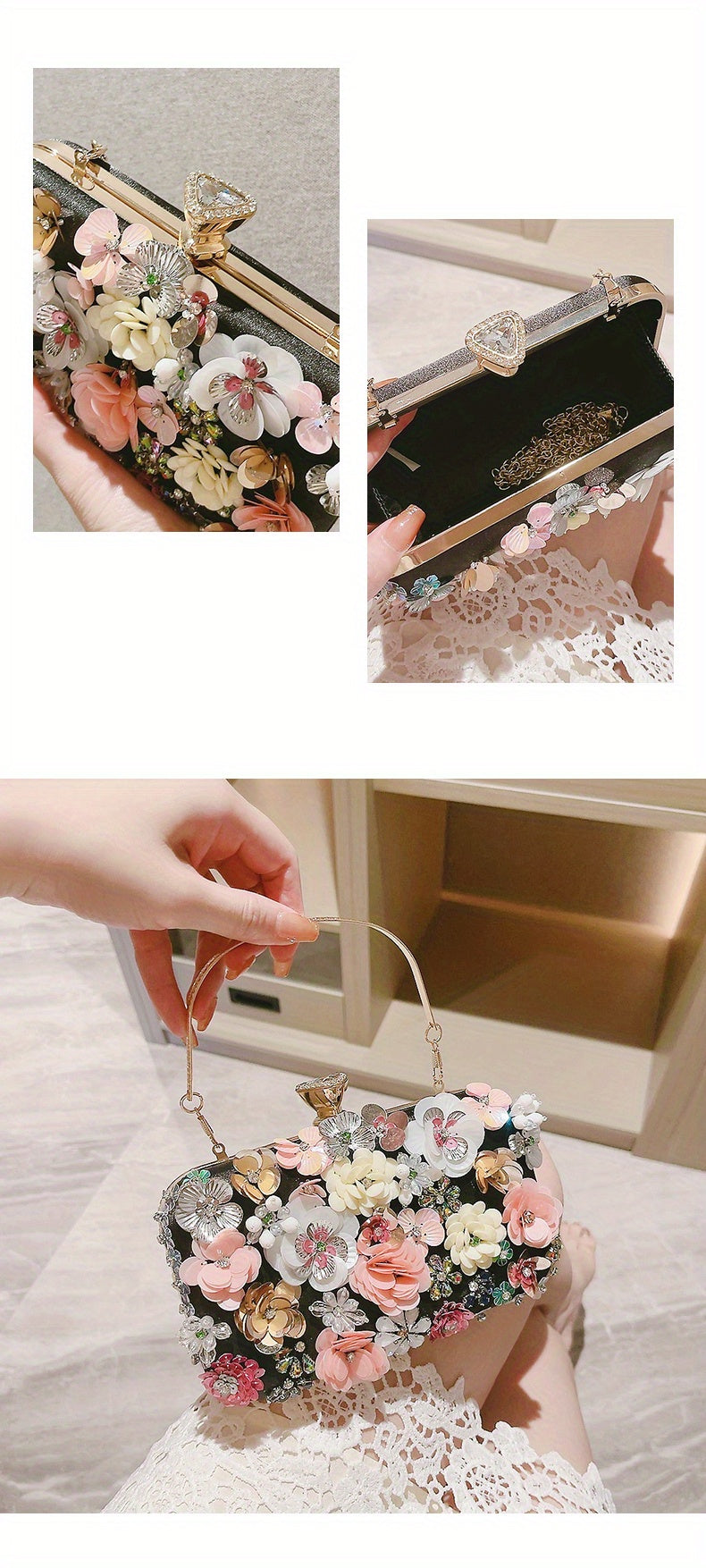 3D Beaded Elegant Evening Bag, Flower Box Clutch Purse for Women's Wedding Party Prom Beauty Fashion