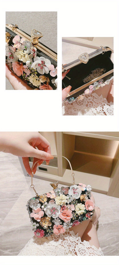 3D Beaded Elegant Evening Bag, Flower Box Clutch Purse for Women's Wedding Party Prom Beauty Fashion