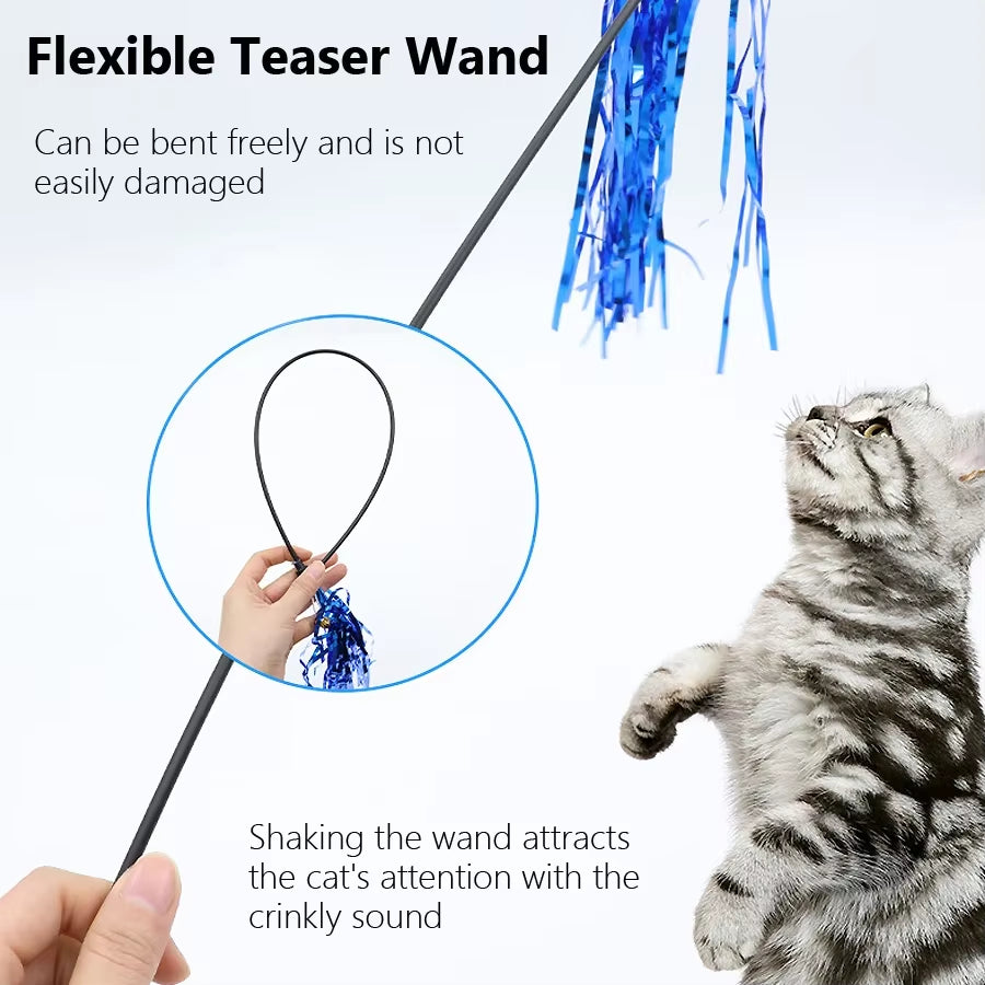 5Pcs Colorful Ribbon Cat Toy Wand Funny Kitten Rod Teaser Plastic Stick for Pet Cats Interactive Toys