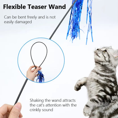5Pcs Colorful Ribbon Cat Toy Wand Funny Kitten Rod Teaser Plastic Stick for Pet Cats Interactive Toys