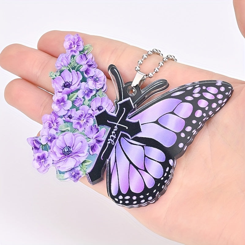 3pcs/set Flower Butterfly Jesus Cross Hanging Ornament, 2D Car Rearview Mirror Hanging Accessories, Keychain And Bag Pendants, Holiday Gift Beauty Fashion