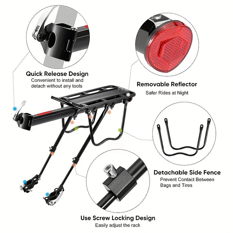 Bicycle Rear Bracket, Bicycle Seat Luggage Rack Holder Carrier For Luggage, Cargo, 90kg/190LB Load, Aluminum Alloy Adjustable Rack With Reflector For Cycling Camping Touring Sport