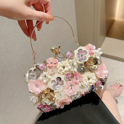 3D Beaded Elegant Evening Bag, Flower Box Clutch Purse for Women's Wedding Party Prom Beauty Fashion