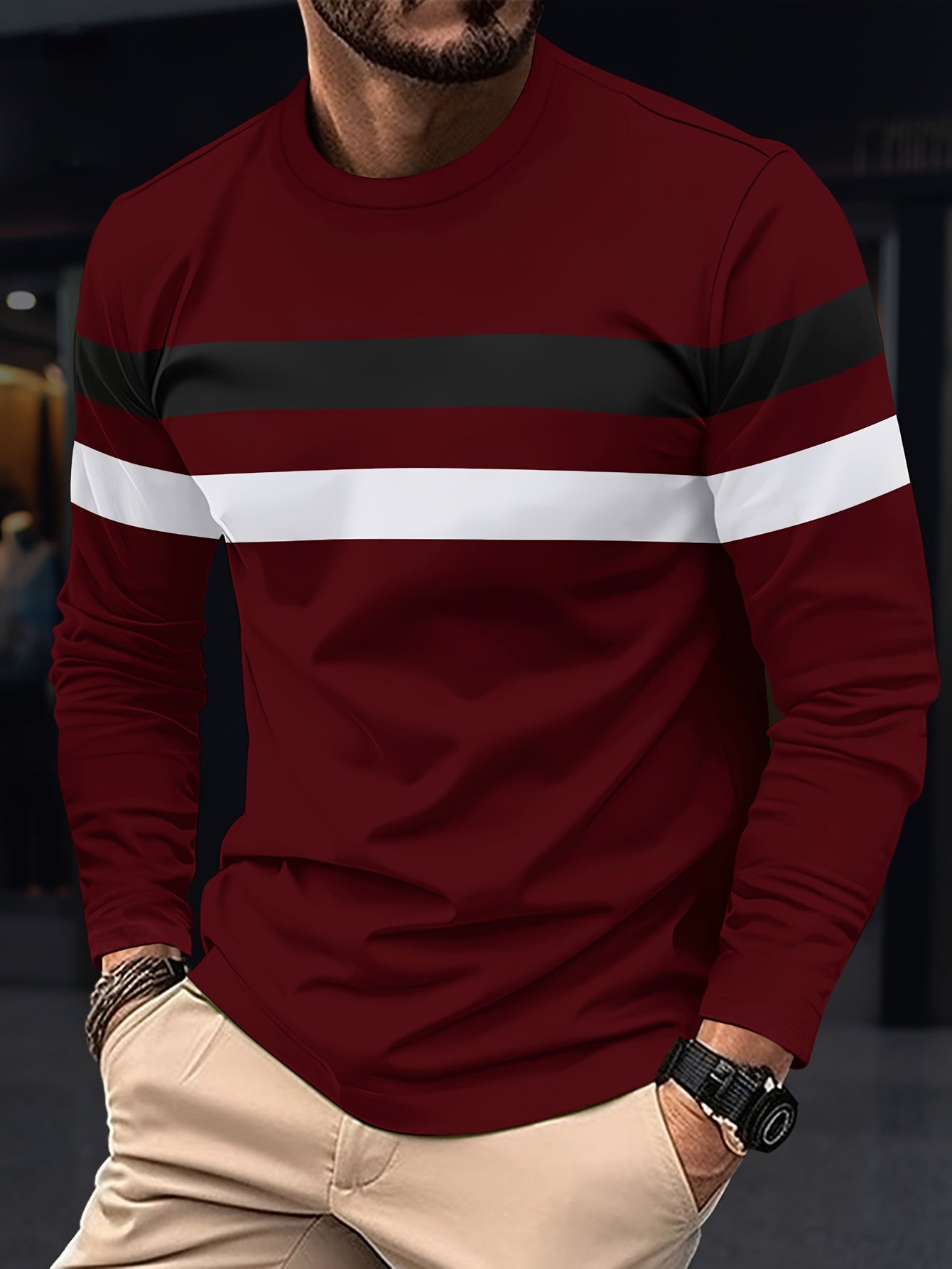 Men's Long Sleeve Crew Neck T-Shirt - Polyester Blend, Basic Solid Color with Color Block Detail, Slight Stretch Knit, Casual Sport Style, for Spring/Fall Beauty World Shop