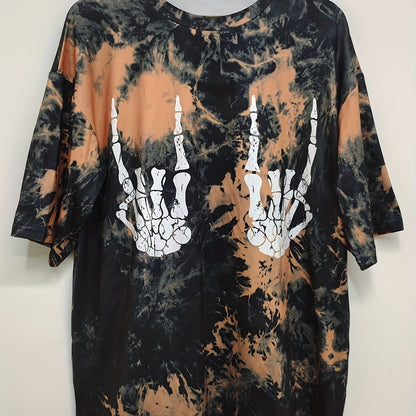 Women's Casual Loose Fit Tee With Skull Hand Print, Streetwear Style, Short Sleeve Sport T-Shirt, Tie-Dye Pattern, Breathable Top Beauty World Shop