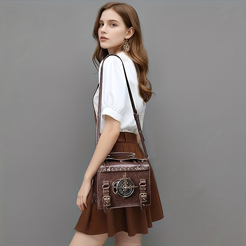 [Punk Crossbody Bag] Retro PU Crossbody Bag | Women's And Girls' Briefcase Styled Messenger Bag Featuring Punk Gothic And Renaissance Costume Elements Beauty Fashion