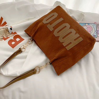 Solid Color Shoulder Bag, Trendy Letters Tote Bag, Canvas Campus Handbag for Women, Office,College,Work,Travel Hand Bags Bolsa