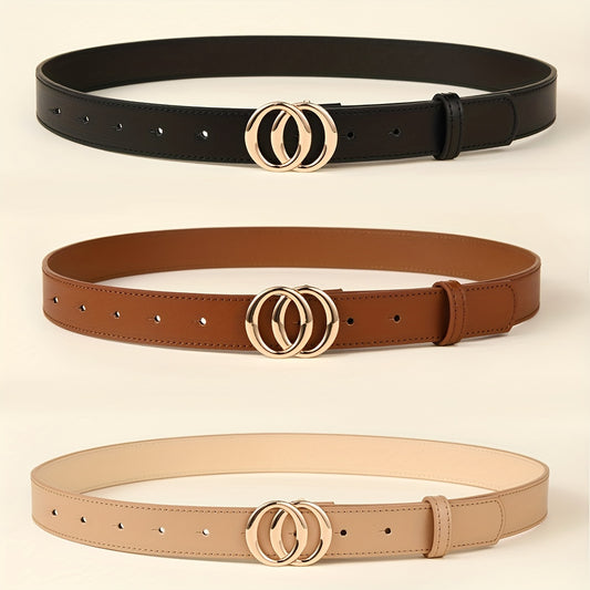 3pcs/set Double Ring Buckle Belt Elegant Solid Color PU Belt Vintage Simple Jeans Pants Belt For Women Beauty Fashion