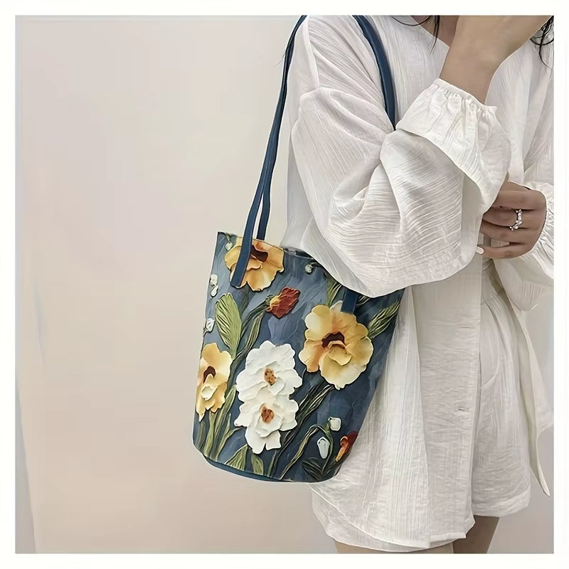 Women'S Large Capacity Summer Floral Oxford Bucket Bag Casual Fashionable Shoulder Bag with Oil Painting Flower Design Handbag