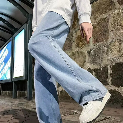 2024 New Streetwear Loose Jeans Men Korean Style Fashion Loose Straight Wide Leg Pants Men'S Brand Clothing Black Light Blue
