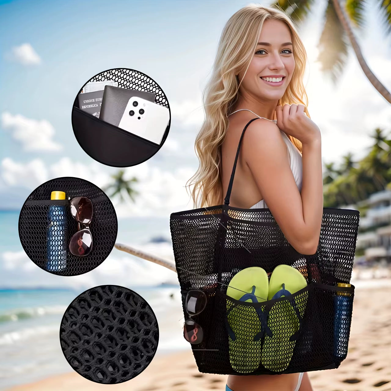 Women'S Large Capacity Beach Tote Bag - Durable Polyester Woven Shoulder Bag with Open Top for Travel, Shopping