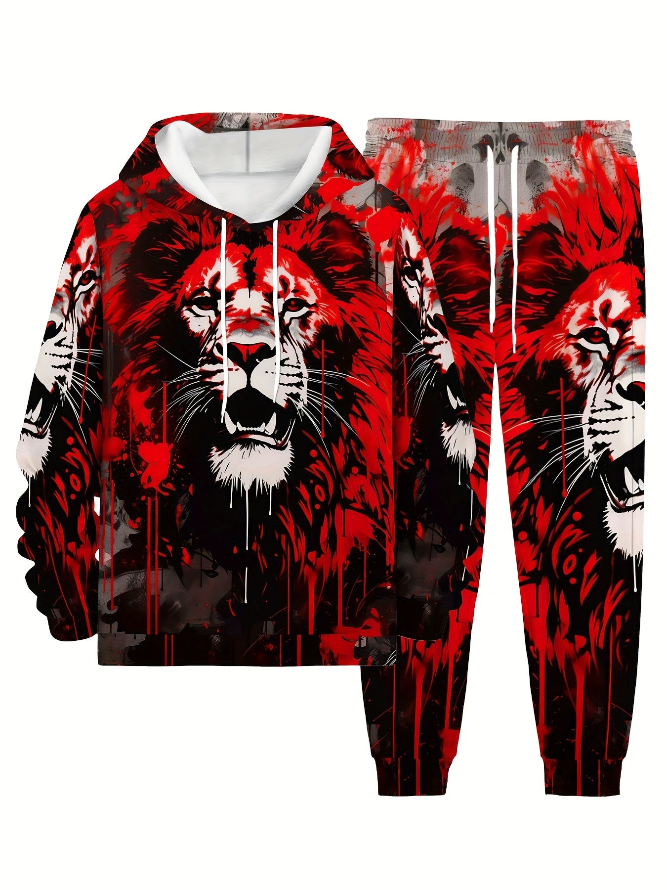 Plus Size Men's Fashion 3D Lion Print 2pcs Sportswear Set Fashion Long Sleeve Hoodie and Sport Trousers Suitable for Spring and Autumn Outdoor, PLUS SIZE Beauty World Shop