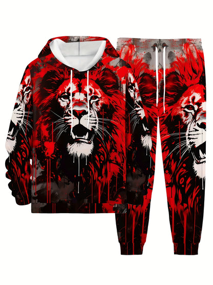 Plus Size Men's Fashion 3D Lion Print 2pcs Sportswear Set Fashion Long Sleeve Hoodie and Sport Trousers Suitable for Spring and Autumn Outdoor, PLUS SIZE Beauty World Shop