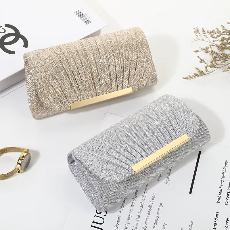 Decorative Sequin Pleated Dinner Bag Pop Metal Chain Shoulder Bag Wedding Party Storage Bag Premium Banquet Evening Dress Bag