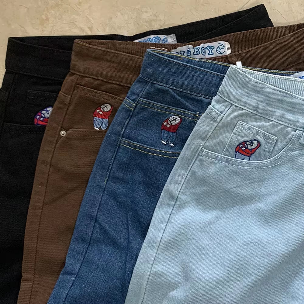 Embroidery Jeans Y2K Pants Streetwear Gothic Cartoon Blue Baggy Jeans Retro Punk Rock High Waist Denim Trousers