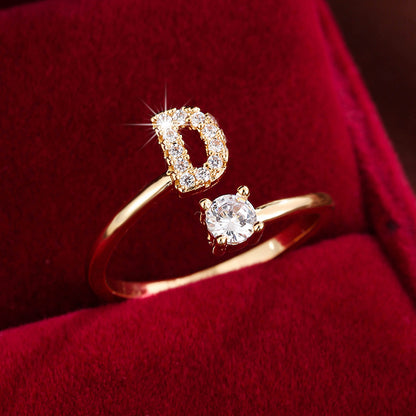 Fashionable 26 English Letters Four-Prong Synthetic Synthetic Zirconia Open Adjustment Ring Beauty Fashion