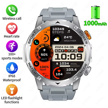 Military Smart Watch Men 1000Mah Battery Outdoors LED Flashlight Waterproof Heart Rate Sport BT Call 1.7" AMOLED Smartwatch