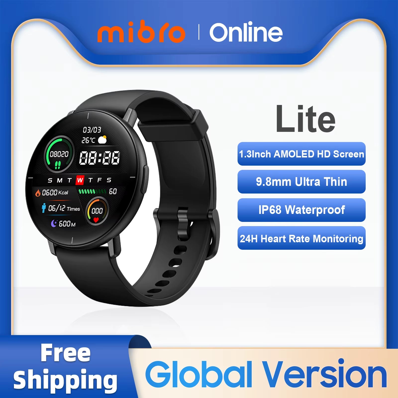 Lite Smartwatch Global Version 1.3Inch AMOLED HD Display IP68 Waterproof App Control Fitness Monitoring Bluetooth Watch