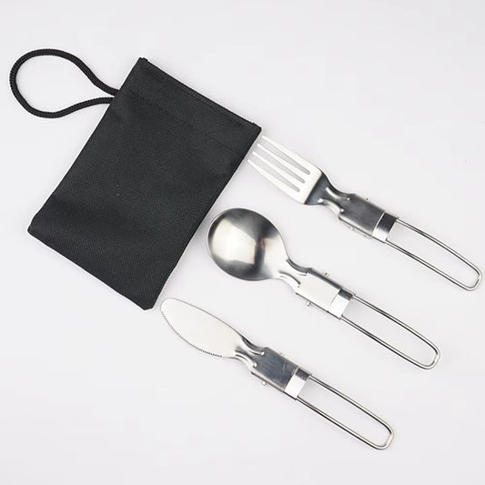 3Pcs/1Set Portable Outdoor Camping Travel Picnic Foldable Stainless Steel Cutlery Set Spoon Fork Knife Tableware Outdoor Travel