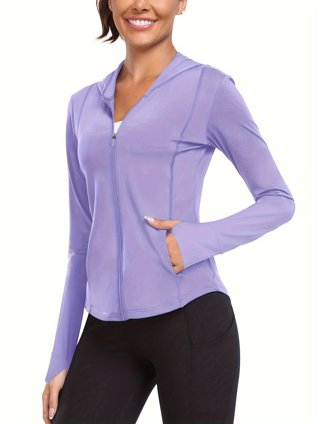 Women's Full-Zip Long Sleeve Sport Shirt with Thumbhole Design - Moisture-Wicking Protection Yoga Running Top, Light Blue All-Season Machine Washable Activewear, Running Shirt | Sporty Look | Stretchable Fabric Beauty World Shop