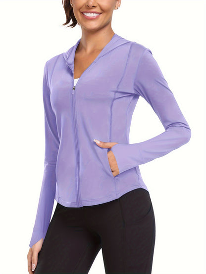 Women's Full-Zip Long Sleeve Sport Shirt with Thumbhole Design - Moisture-Wicking Protection Yoga Running Top, Light Blue All-Season Machine Washable Activewear, Running Shirt | Sporty Look | Stretchable Fabric Beauty World Shop
