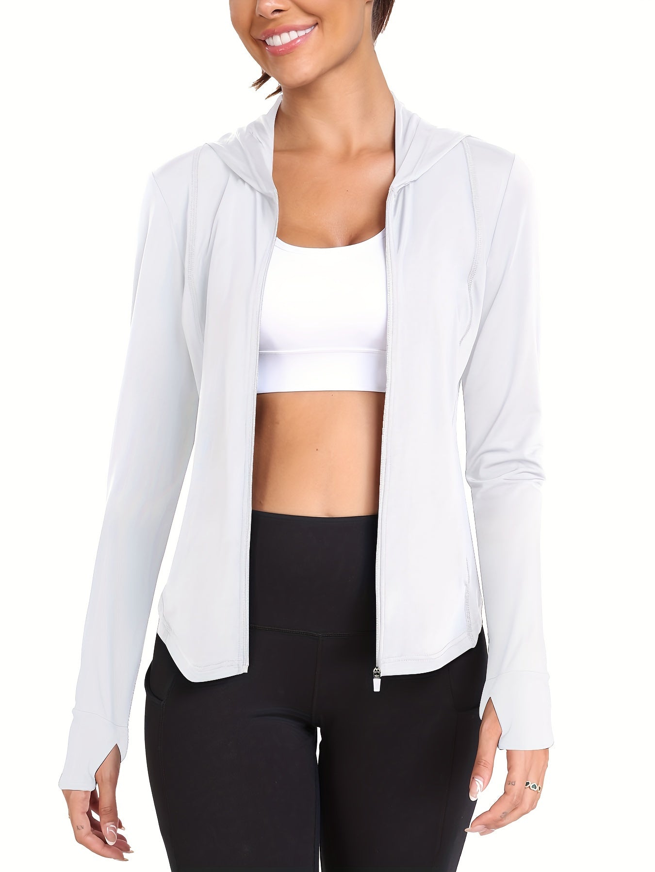 Women's Full-Zip Long Sleeve Sport Shirt with Thumbhole Design - Moisture-Wicking Protection Yoga Running Top, Light Blue All-Season Machine Washable Activewear, Running Shirt | Sporty Look | Stretchable Fabric Beauty World Shop