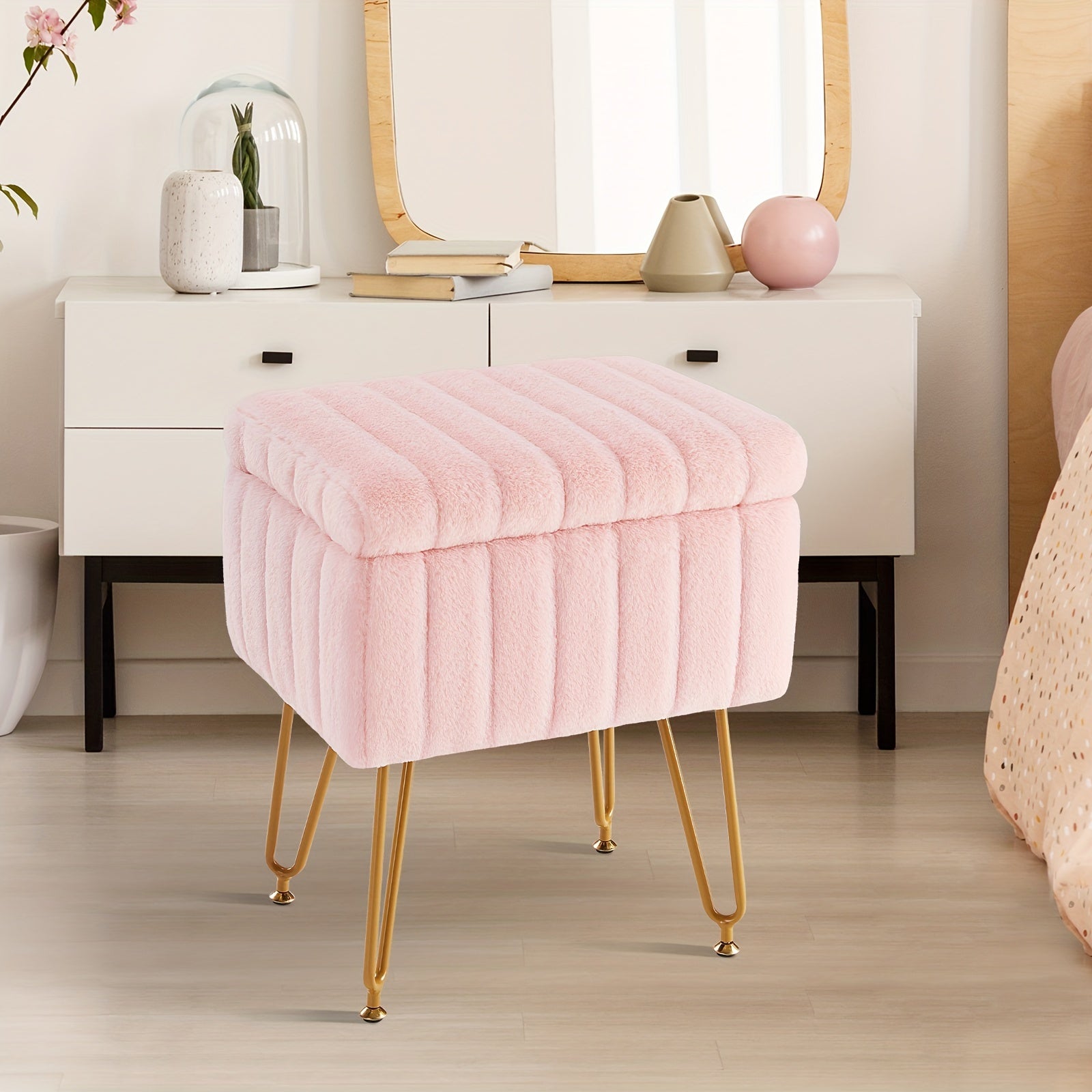 Vanity Storage Ottoman Chair, Makeup Vanity Chair With Metal Legs & Soft Faux Fur Surface, Flip Top Foot Rest With Soft Padded Seat For Bedroom Living Room Beauty World Shop