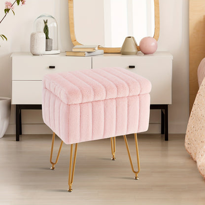 Vanity Storage Ottoman Chair, Makeup Vanity Chair With Metal Legs & Soft Faux Fur Surface, Flip Top Foot Rest With Soft Padded Seat For Bedroom Living Room Beauty World Shop