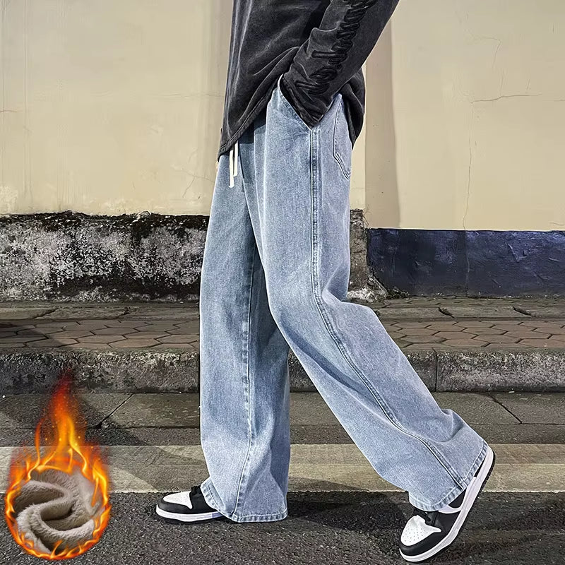 Winter Fleece Loose Jeans, Loose Straight Velvet Warm and Comfortable Elastic Waist Wide Leg Pants Brand Men'S Clothing