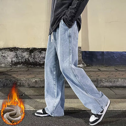 Winter Fleece Loose Jeans, Loose Straight Velvet Warm and Comfortable Elastic Waist Wide Leg Pants Brand Men'S Clothing