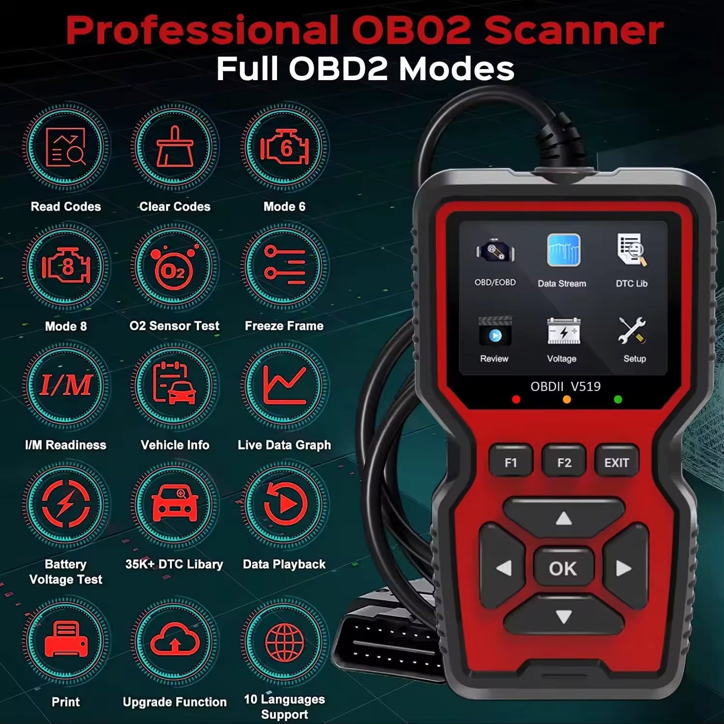 Car OBD2 Scanner Diagnostic Tool Multi-Language OBDII Car Voltage Tester Engine Fault Code Scanner Car Code Reader V519