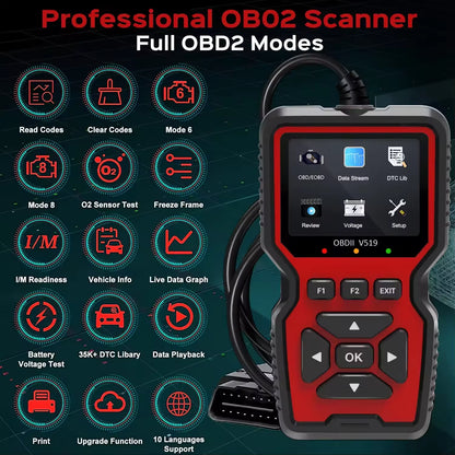 Car OBD2 Scanner Diagnostic Tool Multi-Language OBDII Car Voltage Tester Engine Fault Code Scanner Car Code Reader V519