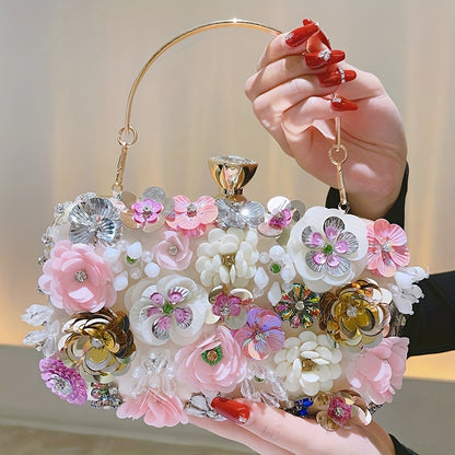 3D Beaded Elegant Evening Bag, Flower Box Clutch Purse for Women's Wedding Party Prom Beauty Fashion