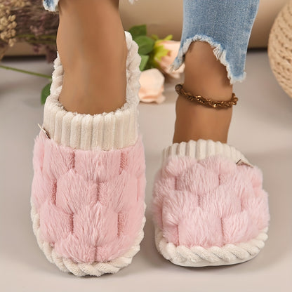 Colorblock Faux Fur Slippers, Casual Slip On Plush Lined Shoes, Comfortable Indoor Home Slippers Beauty Fashion