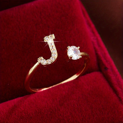 Fashionable 26 English Letters Four-Prong Synthetic Synthetic Zirconia Open Adjustment Ring Beauty Fashion