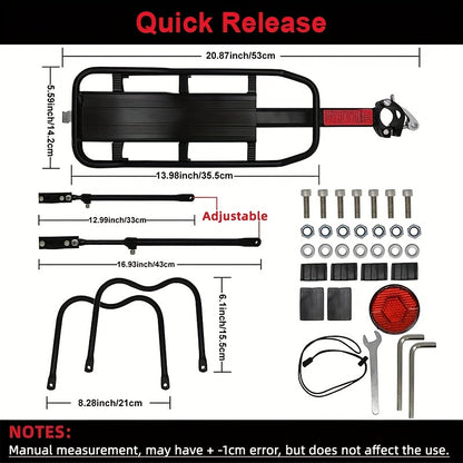 Bicycle Rear Bracket, Bicycle Seat Luggage Rack Holder Carrier For Luggage, Cargo, 90kg/190LB Load, Aluminum Alloy Adjustable Rack With Reflector For Cycling Camping Touring Sport