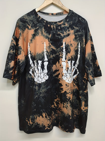 Women's Casual Loose Fit Tee With Skull Hand Print, Streetwear Style, Short Sleeve Sport T-Shirt, Tie-Dye Pattern, Breathable Top Beauty World Shop