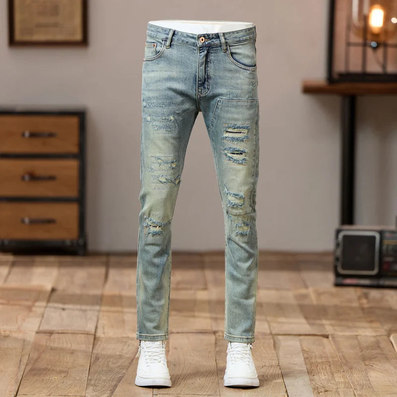 2025 Autumn Retro Light Blue Distressed Jeans for Men American Style Trendy Slim Fit Street Style Cool Brand Pants